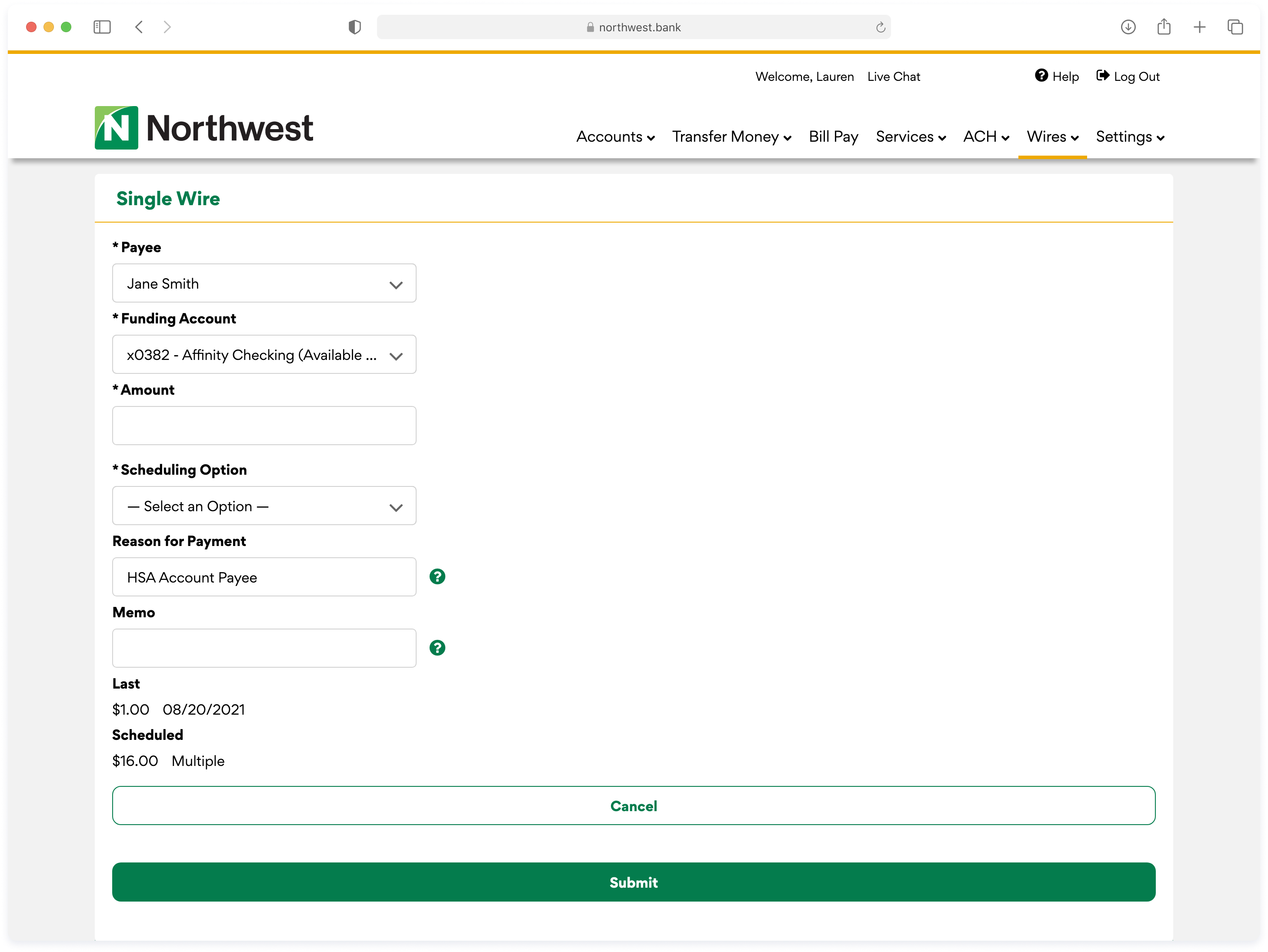 Northwest account screen: Single Wire